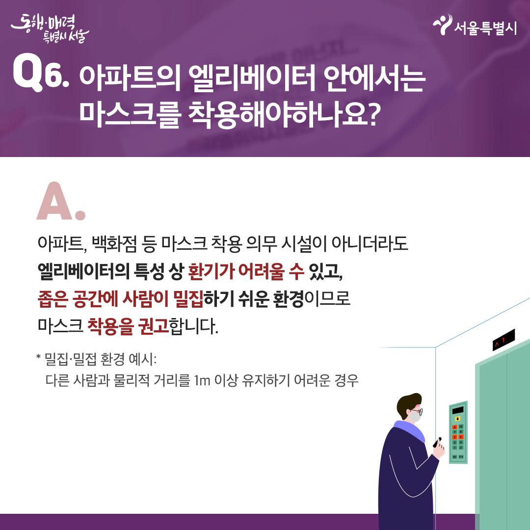 Q6. 아파트 엘리베이터 안에서는 마스크를 착용해야 하나요?  -아파트, 백화점 등 마스크 착용 의무 시설이 아니더라도 엘리베이터의 특성 상 환기가 어려울 수 있고, 좁은 공간에 사람이 밀집하기 쉬운 환경이므로 마스크 착용을 권고합니다.  *밀집,밀접 환경 예시: 다른 사람과 물리적 거리를 1m이상 유지하기 어려운 경우