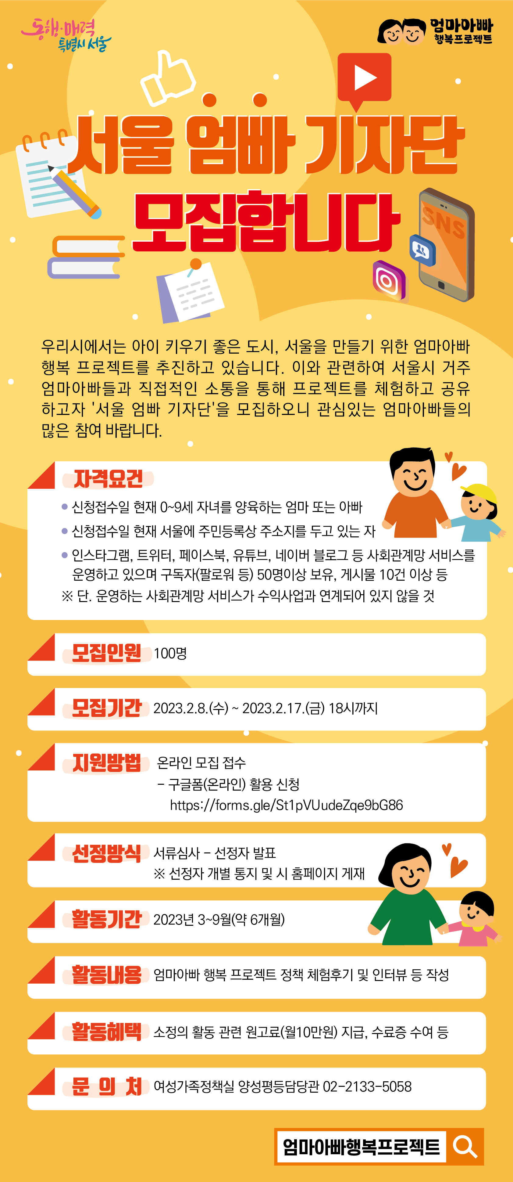 서울 엄빠 기자단 모집합니다.    우리시에서는 아이 키우기 좋은 도시, 서울을 만들기 위한  엄마아빠 행복 프로젝트를 추진하고 있습니다. 이와 관련하여 서울시 거주 엄마아빠들과 직접적인 소통을 통해 프로젝트를 체험하고 공유하고자 '서울 엄빠 기자단'을 모집하오니 관심있는 엄마아빠들의 많은 참여 바랍니다.    자격요건  신청접수일 현재 0~9세 자녀를 양육하는 엄마 또는 아빠     - 신청접수일 현재 서울에 주민등록상 주소지를 두고 있는 자     - 인스타그램, 트위터, 페이스북, 유튜브, 네이버 블로그 등 사회관계망 서비스를 운영하고 있으며 구독자(팔로워 등) 50명이상 보유, 게시물 10건 이상 등        ※ 단. 운영하는 사회관계망 서비스가 수익사업과 연계되어 있지 않을 것    모집인원 : 100명   모집기간 : 2023.2.8.(수)  ~ 2023.2.17.(금) 18시까지   지원방법 : 온라인 모집 접수     - 구글폼(온라인) 활용 신청 : https://forms.gle/St1pVUudeZqe9bG86   선정방식 : 서류심사 - 선정자 발표         ※ 선정자 개별 통지 및 시 홈페이지 게재                     활동기간 : 2023년 3~9월(약 6개월)   활동내용 : 엄마아빠 행복 프로젝트 정책 체험후기 및 인터뷰 등 작성   활동혜택 : 소정의 활동 관련 원고료(월10만원) 지급, 수료증 수여 등   문 의 처 : 여성가족정책실 양성평등담당관 02-2133-5058