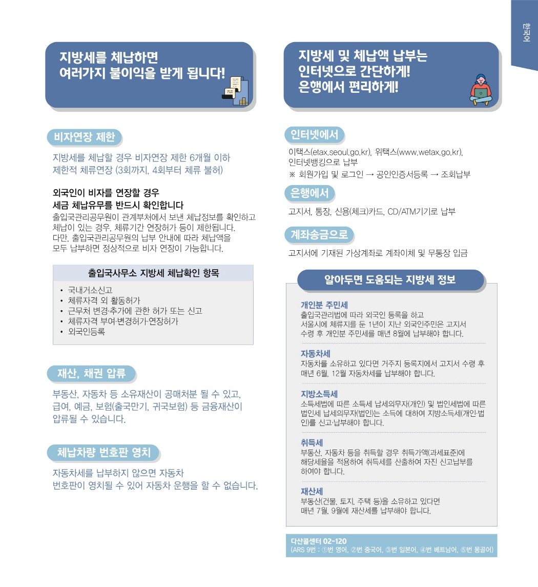 지방세를 체납하면 여러가지 불이익을 받게 됩니다.  비자연장제한 : 지방세를 체납할 경우 비자연장 제한 6개월 이하 제한적 체류 연장(3회까지, 4회부터 체류 불허)  외국인이 비자를 연장 할 경우 세금 체납유무를 반드시 확인합니다.  출입국사무소 지방세 체납확인 항목  -국내거소신고  -체류자격 외 활동허가  -근무처 변경 추가에 관한 허가 또는 신고  -체류자격 부여 변경허가 연장허가  -외국인등록  재산, 채권압류 : 부동산, 자동차 등 소유재산이 공매처분 될 수 있고, 급여, 예금, 보험(출국만기, 귀국보험)등 금융재산이 압류될 수 있습니다.  체납차량 번호판 영치  -자동차세를 납부하지 않으면 자동차 번호판이 영치될 수 있어 자동차 운행을 할 수 없습니다.  지방세 및 체납액 납부는 인터넷으로 간단하게 은행에게 편리하게  인터넷에서 이택스(etax.eoul.go.kr), 위택스(www.welax.go.kr)  인터넷뱅킹으로 납부  은행에서  고지서, 통장, 신용(체크)카드, CD/ATM기기로 납부  계좌송금으로  고지서에 기재된 가상계좌로 계좌이체 및 무통장 입ㄱㅁ  알아두면 도움되는 지방세 정보  개인분 주민세  자동차세  지방소득세  취득세  재산세  다산콜센터 02-120   (ARS 9번 : 1번 영어, 2번 중국어, 3번 일본어, 4번 베트남어, 5번 몽골어)