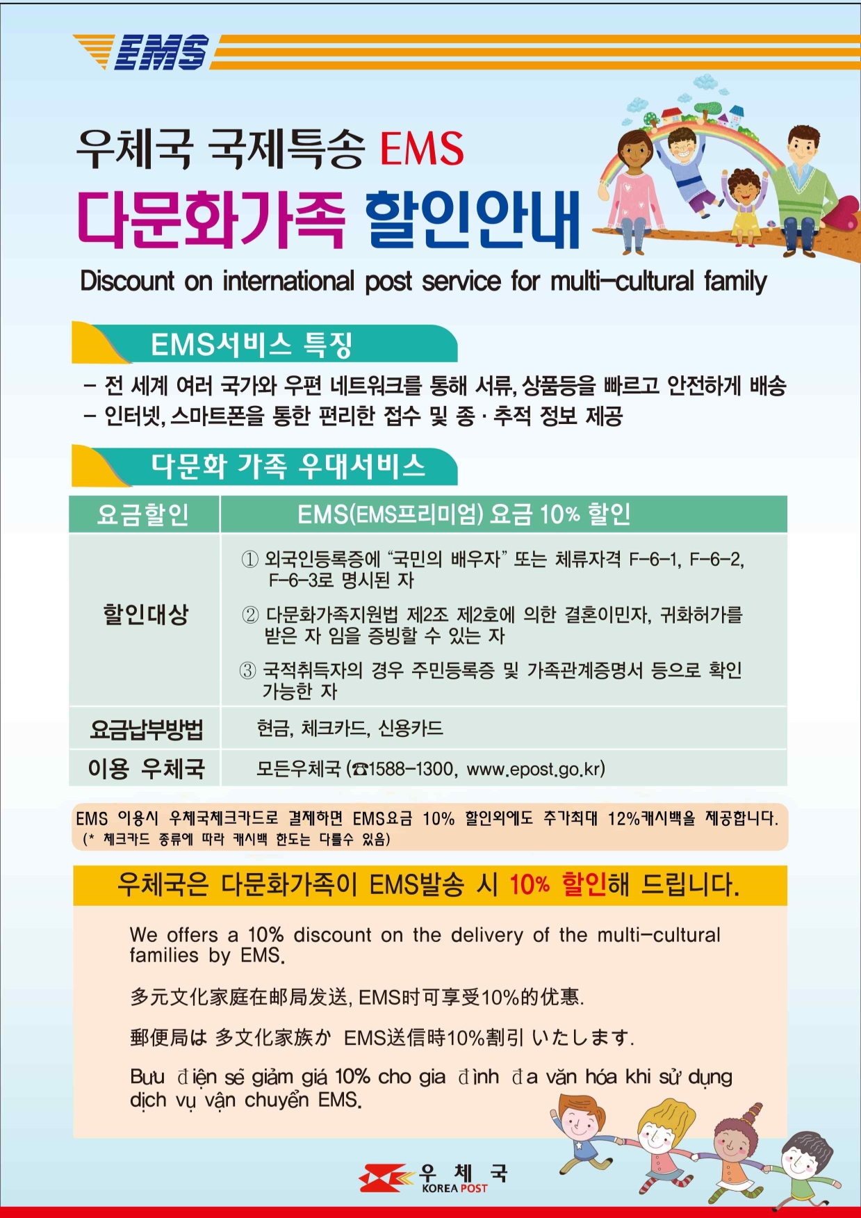 우체국 국제특송 EMS 다문화가족 할인안내  Discount on international post service for multil-cultural family  Ems서비스 특징  -전 세계 여러 국가와 우편 네트워크를 통해 서류, 상품등을 빠르고 안전하게 배송  -인터넷, 스마트폰을 통한 편리한 접수 및 종 추적 정보 제공  다문화 가족 우대서비스   요금할인  EMS(EMS프리미엄) 요금 10%할인   할인 대상 :1. 외국인등록증에 체류자격 F-6-1(국민의 배우자), F-6-2, F-6-3 로 명시된 자  2. 다문화가족지원법 제2조 제2호에 의한 결혼이민자, 귀화 허가를 받은     자임을 증빙할 수 있는 자  3. 국적 취득자의 경우 주민등록증 및 가족관계증명서 등으로 확인 가능한 자  요금납부방법 :   현금, 신용카드  이용 우체국: 서울시내 모든 우체국