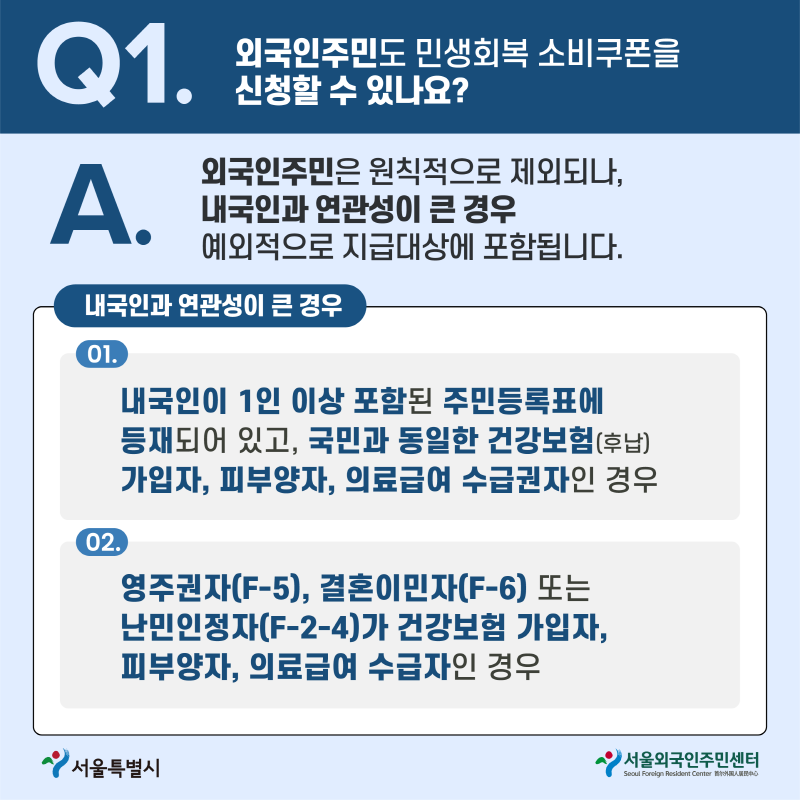 q1 외국인주민도 민생회복 소비쿠폰을 신청할수 있나요?
A. 외국인주민은 원칙적으로 제외되나, 내국인과 연관성이 큰 경우 예외적으로 지급대상에 포함됩니다.
내국인과 연관성이 큰 경우
01. 내국인이 1인 이상 포함된 주민등록표에 등재되어 있고, 국민과 동일한 건강보험(후납) 가입자, 피부양자, 의료급여 수급권자인경우
02. 영주권자(F-5), 결혼이민자(F-6) 또는 난민인정자(F-2-4)가 건강보험 가입자, 피부양자, 의료급여 수급자인경우
