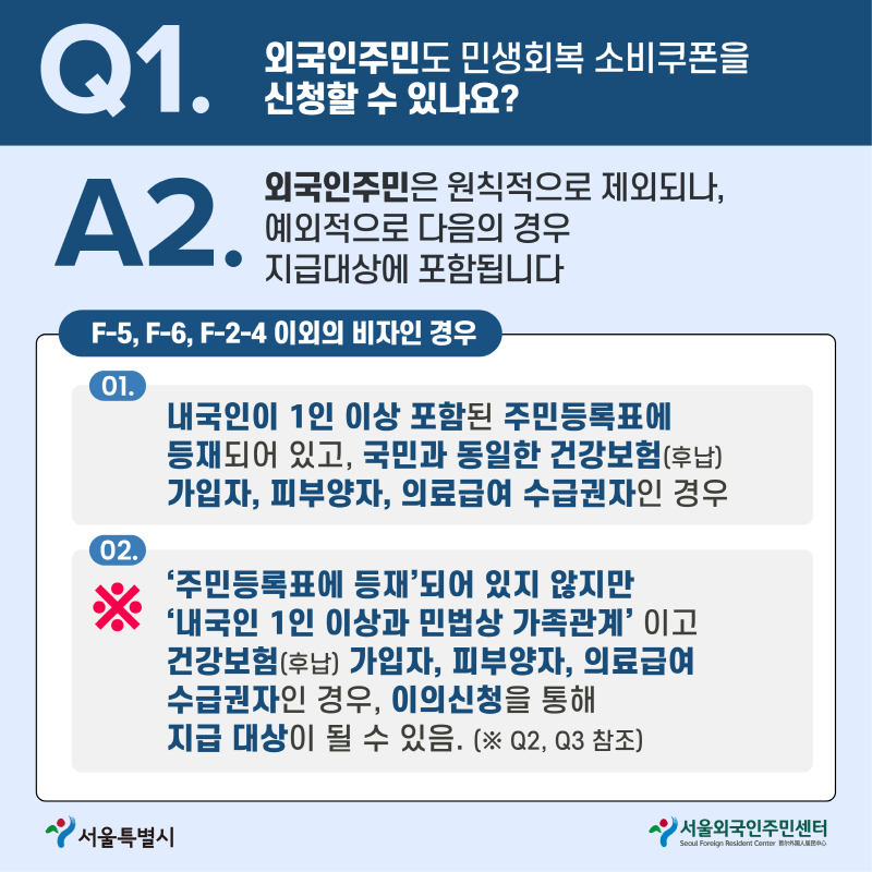 q2 외국인주민도 민생회복 소비쿠폰을 신청할수 있나요?
A2. 외국인주민은 원칙적으로 제외되나, 예외적으로 다음의 경우 지급대상에 포함됩니다.
F-5,F-6,F-2-4 이외의 비자인 경우
01. 내국인이 1인 이상 포함된 주민등록표에 등재되어 있고, 국민과 동일한 건강보험(후납) 가입자, 피부양자, 의료급여 수급권자인 경우
02 주민등록표에 등재 되어 있지 않지만 내국인 1인 이상과 민법상 가족관계 이고 건강보험(후납) 가입자, 피부양자, 의료급여 수급권자인 경우, 이의신청을 통해 지급 대상이 될 수 있음(Q2,Q3참조)