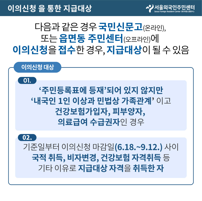 이의신청을 통한 지급대상
다음과 같은 경우 국민신문고(온라인), 또는 읍면동 주민센터(오프라인)에 이의신청을 접수한 경우, 지급대상이 될수 있음
이의신청 대상
주민등록표에 등재되어 있지 않지만 내국인 1인 이상과 민법상 가족관계이고 건강보험가입자, 피부양자 의료급여 수급권자인경우
기준일부터 이의신청 마감일(6.18.~9.12.) 사이
국적 취득, 비자변경, 건강보험 자격취득 등
기타 이유로 지급대상 자격을 취득한 자