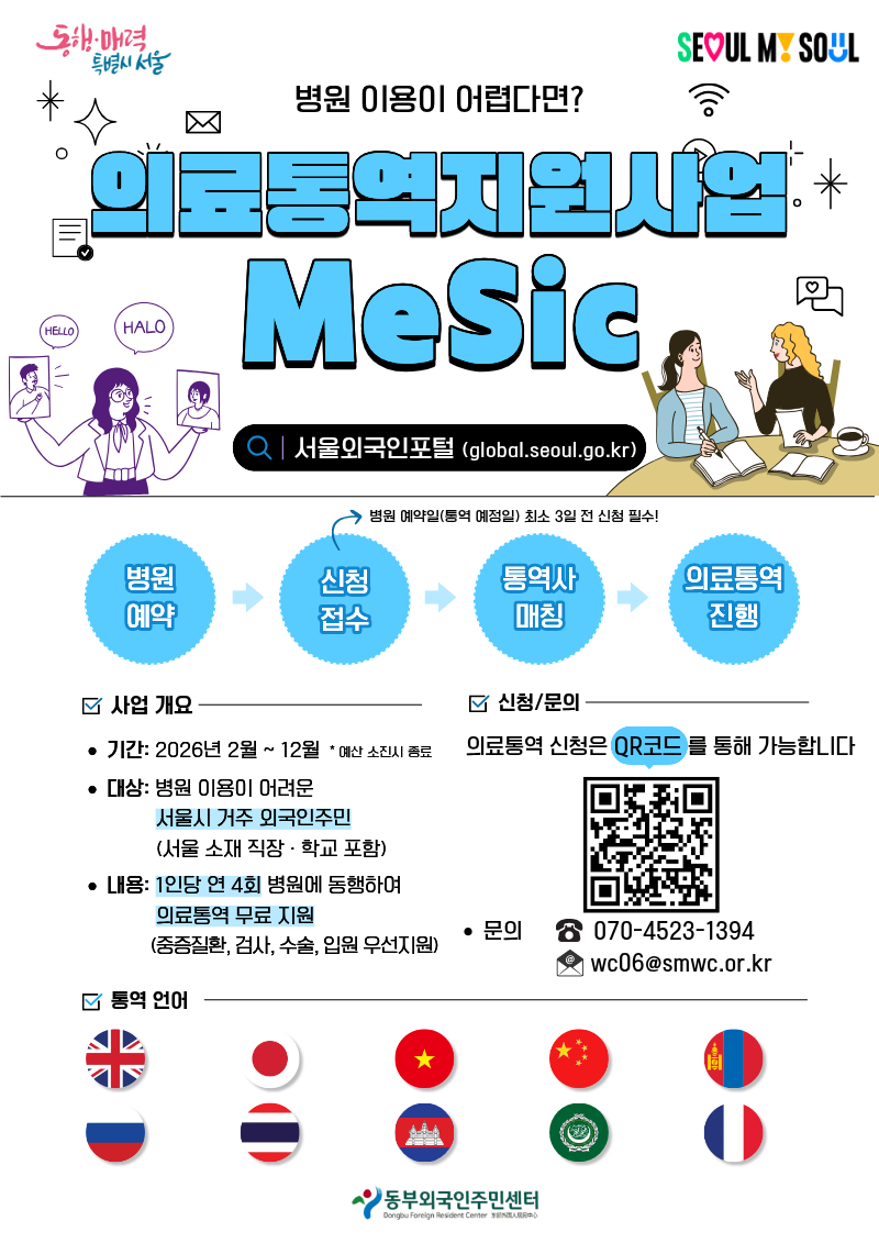 2026 서울시 동행 의료통역지원단 MeSic 한국어 포스터. 지원대상: 병원 이용이 어려운 서울 거주 외국인주민(직장인, 학생 포함). 지원내용: 전문 의료통역사 병원 현장 동행(1인당 연 4회 무료). 신청기한: 병원 방문 최소 3일 전 신청. 문의: 070-4523-1394, wc06@smwc.or.kr