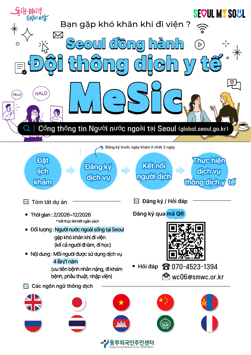 Poster Đội hỗ trợ phiên dịch y tế đồng hành Seoul 2026 (MeSic). Đối tượng: Cư dân nước ngoài tại Seoul gặp khó khăn khi đi khám bệnh. Nội dung: Phiên dịch viên y tế đồng hành tại bệnh viện (miễn phí, tối đa 4 lần/năm/người). Đăng ký: Ít nhất 3 ngày trước ngày khám. Liên hệ: 070-4523-1394, wc06@smwc.or.kr