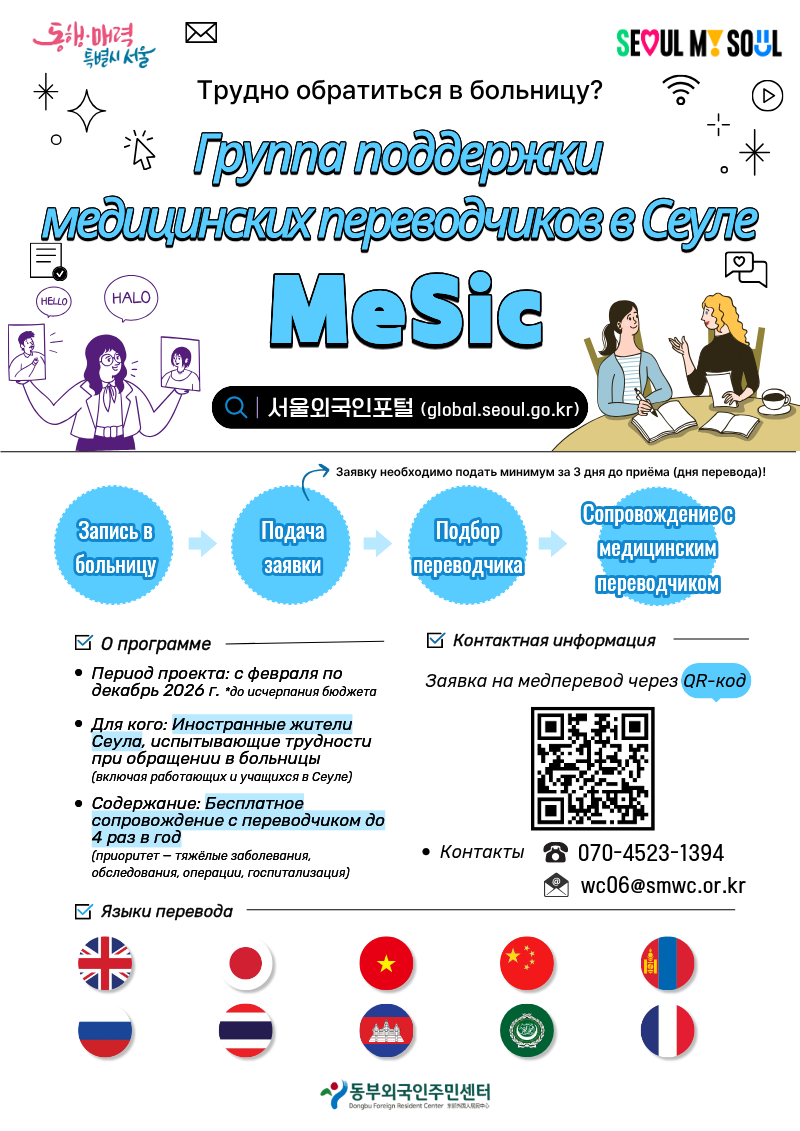 Плакат Службы медицинского перевода Сеула 2026 (MeSic). Кому: Иностранные жители Сеула. Услуги: Бесплатное сопровождение медицинского переводчика (до 4 раз в год). Подача заявки: Минимум за 3 дня до визита. Контакты: 070-4523-1394, wc06@smwc.or.kr