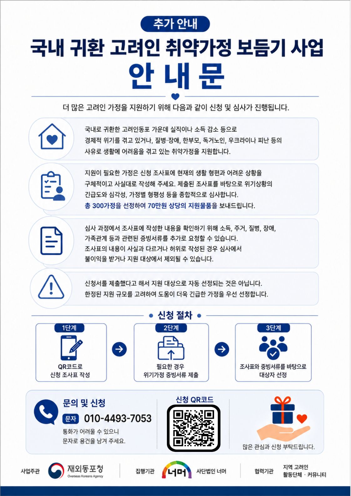 1단계 추가 안내 국내 귀환 고려인 취약가정 보듬기 사업 안내문 더 많은 고려인 가정을 지원하기 위해 다음과 같이 신청 및 심사가 진행됩니다. 국내로 귀환한 고려인동포 가운데 실직이나 소득 감소 등으로 경제적 위기를 겪고 있거나, 질병·장애, 한부모, 독거노인, 우크라이나 피난 등의 사유로 생활에 어려움을 겪고 있는 취약가정을 지원합니다. 지원이 필요한 가정은 신청 조사표에 현재의 생활 형편과 어려운 상황을 구체적이고 사실대로 작성해 주세요. 제출된 조사표를 바탕으로 위기상황의 긴급도와 심각성, 가정별 형평성 등을 종합적으로 심사합니다. 총 300가정을 선정하여 70만원 상당의 지원물품을 보내드립니다. 심사 과정에서 조사표에 작성한 내용을 확인하기 위해 소득, 주거, 질병, 장애, 가족관계 등과 관련된 중빙서류를 추가로 요청할 수 있습니다. 조사표의 내용이 사실과 다르거나 허위로 작성된 경우 심사에서 불이익을 받거나 지원 대상에서 제외될 수 있습니다. 신청서를 제출했다고 해서 지원 대상으로 자동 선정되는 것은 아닙니다. 한정된 지원 규모를 고려하여 도몸이 더욱 긴급한 가정을 우선 선정합니다. 신청 절차 2단계 3단계 → → QR코드로 신청 조사표 작성 필요한 경우 위기가정 중빙서류 제출 조사표와 중빙서류를 바탕으로 대상자 선정 문의 및 신청 010-4493-7053 통화가 어려울 수 있으니 문자로 용건을 남겨 주세요. 문자 신청QR코드 https://forms.gle/snWAyGfdCNsk61r48 많은 관심과 신청 부탁드립니다